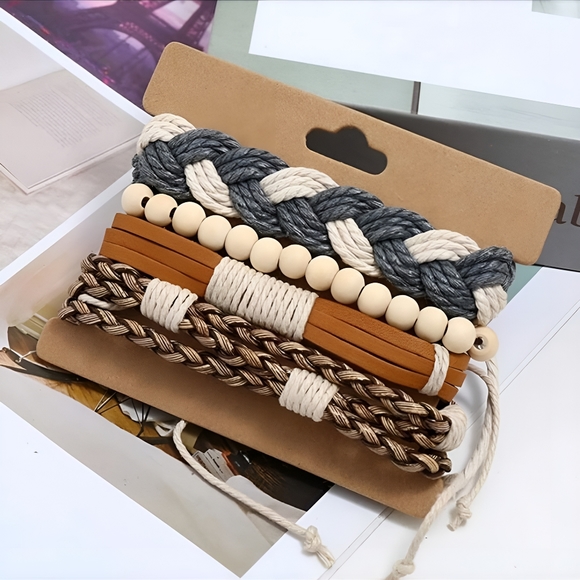 4 Piece Boho Braided Leather Beaded Bracelets - Picture 4 of 5